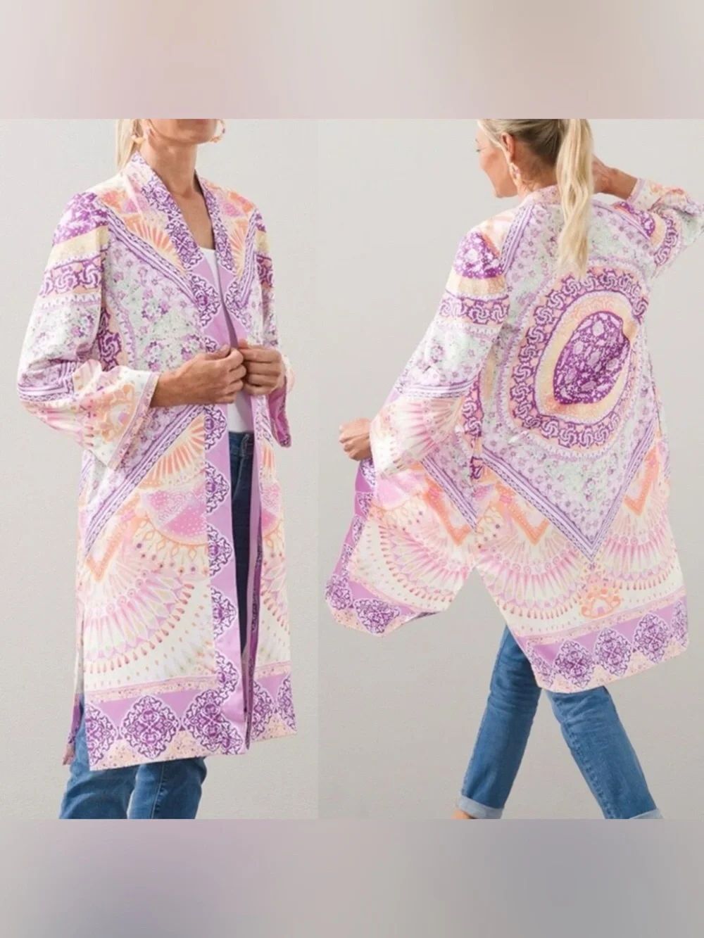 Chico's Coaster Tile Duster Cardigan Open Front Kimono Long Pastel Floral Jacket